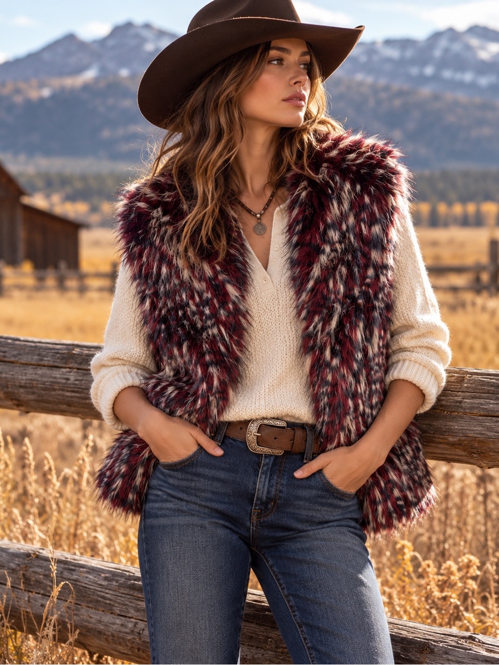 Vintage 90’s Painted Pony Faux Fur Vest Western Après Ski Boho Cowgirl L